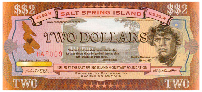 Salt Spring Dollar $$2 bill